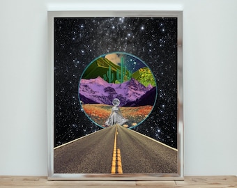 Retro Space Road Collage Print | Trippy Art | Cosmic Artwork | Space Wall Art | Vintage Poster | PRINTABLE Wall Art | INSTANT Download