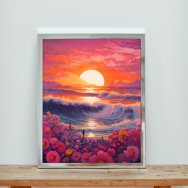 Colourful Sunset Beach Art Print | Dreamy Pink and Purple Landscape Wall Art | Ocean Print | PRINTABLE Wall Art | INSTANT Download