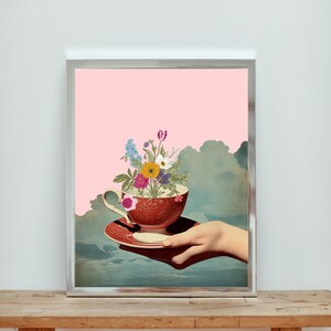 Flowers In A Cup | Vibrant Flower Print | Pink Wallpaper | Retro Wall Art | Vintage Poster | PRINTABLE Wall Art | INSTANT Download