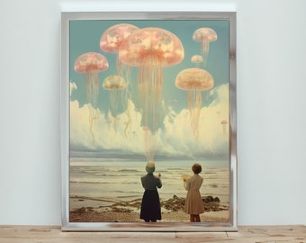 Jellyfish Seascape | Vintage Beach Collage | Jellyfish in the Sky | Ocean Art | Surreal Abstract Art | PRINTABLE Wall Art | INSTANT Download