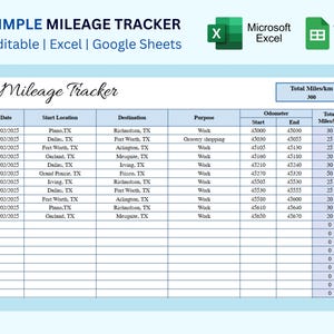 Editable Mileage Tracker for Google Sheets & Excel