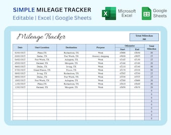 Vereenvoudigde bewerkbare kilometerregistratie voor Google Spreadsheets en Excel