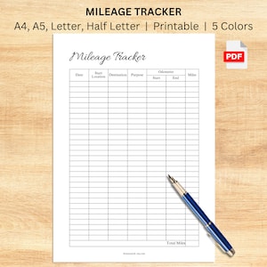 Rastreador de kilometraje imprimible / Registro de seguimiento de millas de viaje en automóvil para uso personal o impuestos / A4, A5, carta, media carta