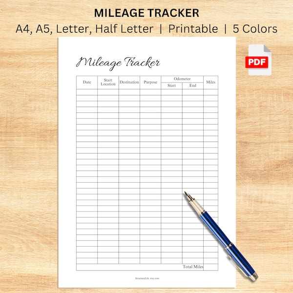 Mileage tracker printable | Car travel miles tracking log for personal use or taxes | A4, A5, letter, half letter