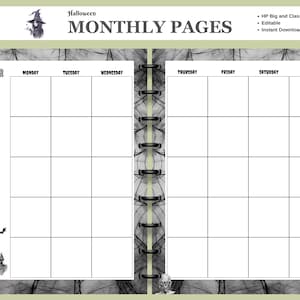 May include: A printable Halloween-themed monthly calendar page with a spider web background. The calendar is for October and includes the days of the week, Monday through Sunday. The calendar is decorated with a witch, a spider, and a skull.