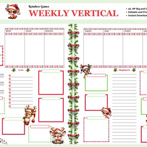Puede incluir: Un planificador semanal vertical imprimible con temática navideña. El planificador presenta una combinación de colores rojo y verde, con ilustraciones de renos con gorros de Papá Noel. Incluye secciones para cada día de la semana, una lista de tareas y una lista de compras.