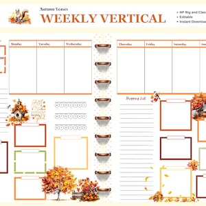 May include: A printable weekly vertical planner with an autumn theme. The planner has a title bar that says "Weekly Vertical" and a subtitle that says "September". The planner has a to-do list, a shopping list, and a section for each day of the week. The planner is decorated with autumn leaves, a birdhouse, and a squirrel.