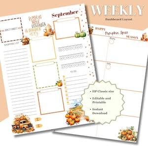 Peut inclure: Planificateur hebdomadaire imprimable sur le thème de l'automne. Le planificateur comprend une section pour une liste de courses, une liste de choses à faire et un horaire quotidien. Le planificateur est décoré de citrouilles, de feuilles et d'un camion rempli de citrouilles. Le texte "Pumpkin Spice Season" est en haut du planificateur.