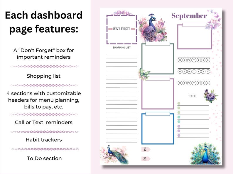 Peacocks Weekly Planner Insert 2 Page Dashboard Layout for HP Classic ...