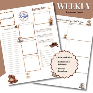 Coffee Weekly Planner Insert; 2 page Dashboard Layout for HP Classic size; Editable, Printable, Instant Download PDF