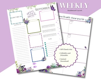 May include: Printable weekly planner with a floral design and the text "Enjoy every moment." and "Your thoughts change your life."  The planner includes sections for a shopping list, to-do list, and a weekly schedule.