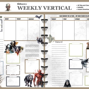 Halloween #2 Weekly Planner Insert, 2 page Vertical Layout, Happy Planner Big or Classic size, Editable and Printable, Instant Download PDF