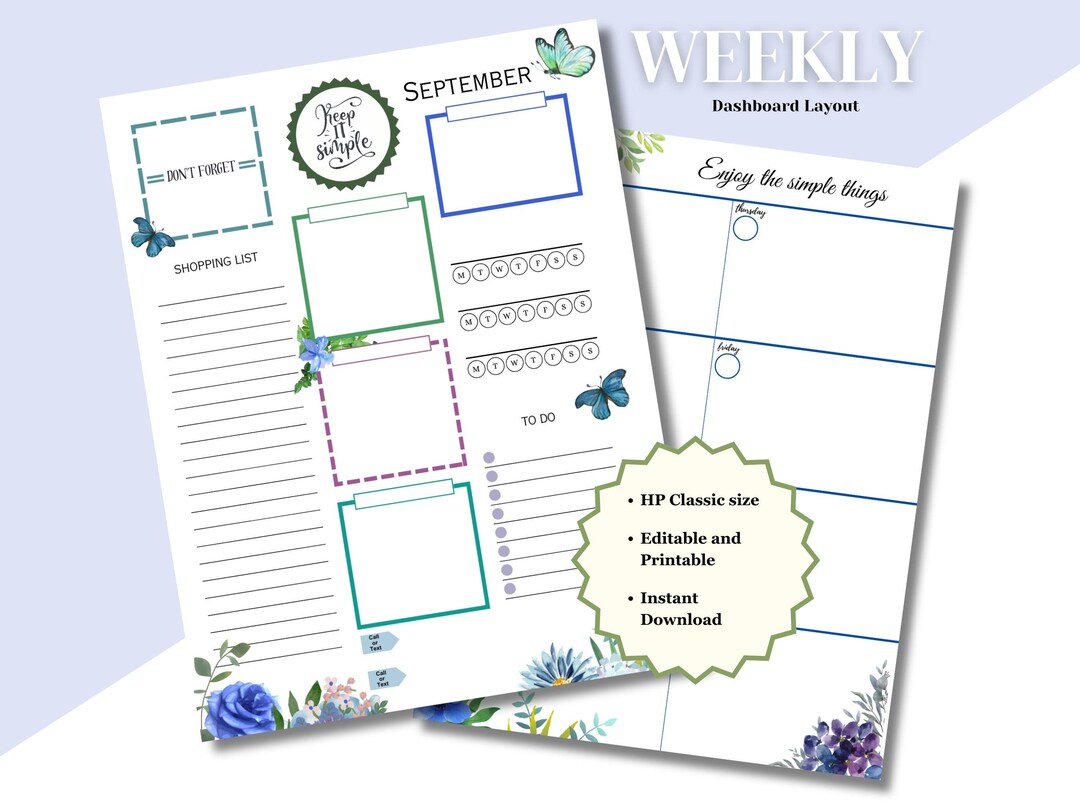 Blue Flowers Weekly Planner Insert; 2 Page Dashboard Layout for HP ...