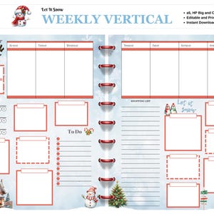 May include: A winter-themed weekly planner with a blue and white watercolor background. The planner features a "Let It Snow" theme, with illustrations of a snowman, reindeer, and a Christmas tree. It includes sections for daily schedules, to-do lists, and a shopping list.