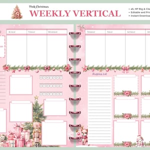 May include: A pink Christmas-themed weekly vertical planner. The planner features sections for each day, a shopping list, and a to-do list. It's decorated with festive illustrations and the text "Pink Christmas WEEKLY VERTICAL". The planner is designed for a5, HP Big & Classic sizes.