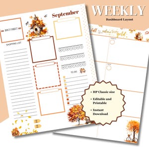 Feuilles d&#39;automne pour agenda hebdomadaire ; Tableau de bord de 2 pages pour HP Classic ; PDF modifiable, imprimable, téléchargement immédiat