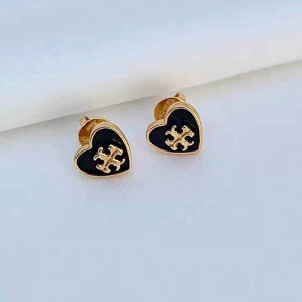 New! Tory Burch Gold Logo heart stud earrings black