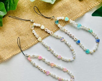 Personalised Beaded Pearl Heart Phone Charm |  Handmade Wrist Strap | Pastel | Anti Theft |