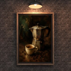 May include: A framed wall art print depicting a metallic moka pot and a ceramic cup filled with dark coffee, surrounded by scattered roasted coffee beans. The artwork features deep brown and dark green tones with a textured, painterly finish.