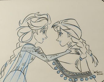 Gesigneerde Frozen handgetekende kunst (Zusters) met aangepaste SPARKLE-lijst