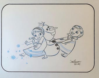 Gesigneerde Frozen handgetekende kunst (Olaf) met aangepaste SPARKLE-lijst