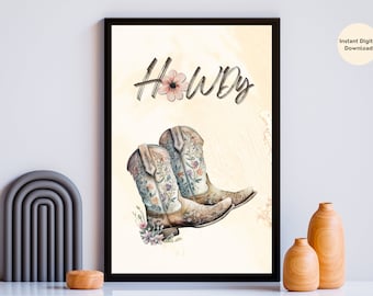 Västra väggen-konst, cowgirl-blommor digital utskrivbar affisch, trendig väggkonst, hej-tryck, digital nedladdning. Finns i många tryckalternativ