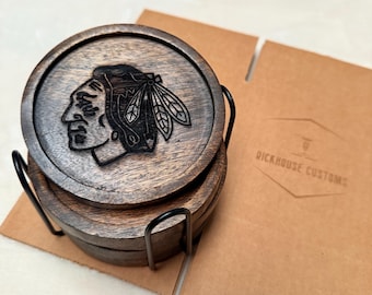 NHL Team Logo wooden coasters - Free shipping! Qty 5 Wood coasters w/ Holder - Blackhawks, Bruins, Rangers…