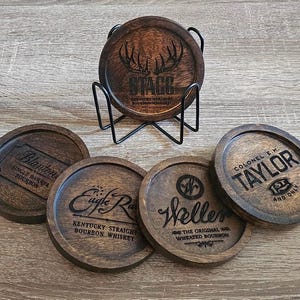 Custom Whiskey bourbon wooden coasters - Free shipping! Qty 5 Wood coaster w/ Holder - choose any distillery to add to coasters