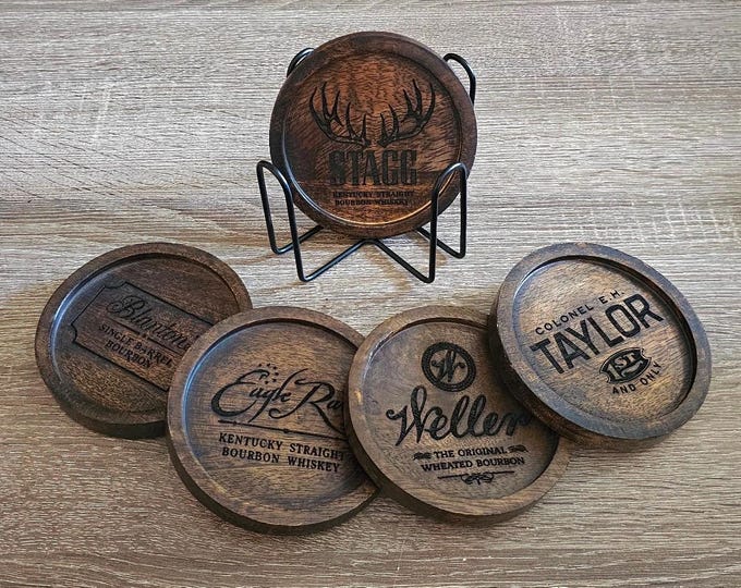 Custom Whiskey bourbon wooden coasters - Free shipping! Qty 5 Wood coaster w/ Holder - choose any distillery to add to coasters