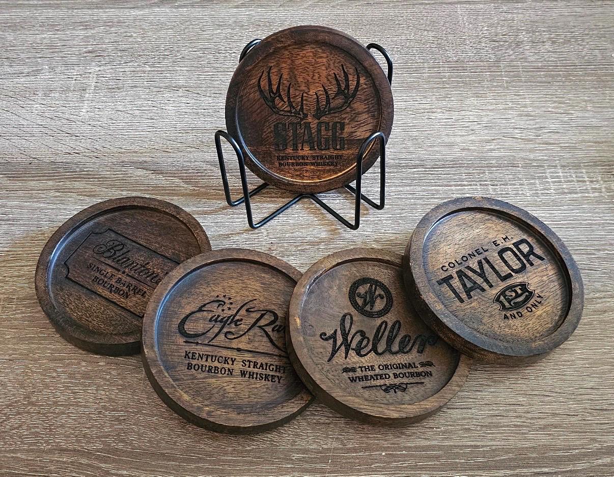 Custom Whiskey bourbon wooden coasters - Free shipping! Qty 5 Wood coaster w/ Holder - choose any distillery to add to coasters
