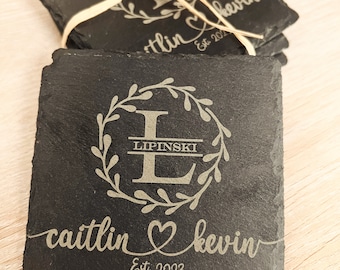 Four Custom Slate Coasters - Free shipping!  Custom split monogram with last name. Housewarming Gift, Wedding Gift, Personalized Valentines