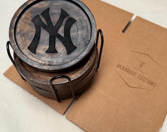 MLB Team Logo wooden coasters - Free shipping! Qty 5 Wood coasters w/ Holder - Yankees, Cubs, Red Sox…