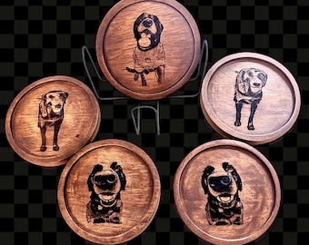 Custom pet (dog, cat) pictures on wooden coasters - Free shipping! Qty 5 Wood coaster w/ Holder - choose up to 5 photos to add to coasters
