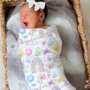 Rainbow Baby Floral Personalized Swaddle Blanket, Personalized Girl Swaddle Blanket, Baby Girl Shower Gift, Baby Hat, Baby Headband