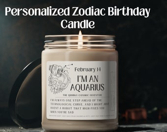 Astrology Candle, Zodiac Birthday Gift, Gift for Her, Aquarius Candle, Birthdate Candle, Natural Soy Candle, Zodiac Sign, February Birthday