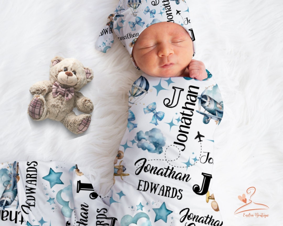 Custom Baby Swaddle Blanket, Personalized Blanket, Airplane Newborn
