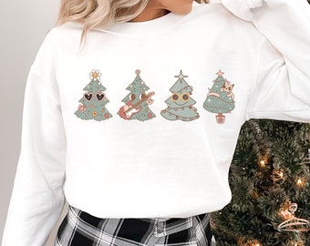Womens Christmas Tree Sweater, Christmas Retro Sweatshirt, Christmas Crewneck Pullover Christmas Tree Holiday Sweaters, Cute Sweatshirt
