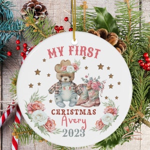 Personalized Baby First Christmas, Bear Christmas Ornament, New Baby Gift, Baby Girl Ornament, Western Christmas Ornament, Retro Ornament