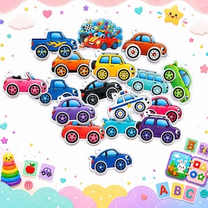 May include: A collection of colourful cartoon car charms featuring various vehicle types including a blue pickup truck with flames, a police car, and a red race car, alongside small square tiles with icons and the letters A, B, and C on a light background.