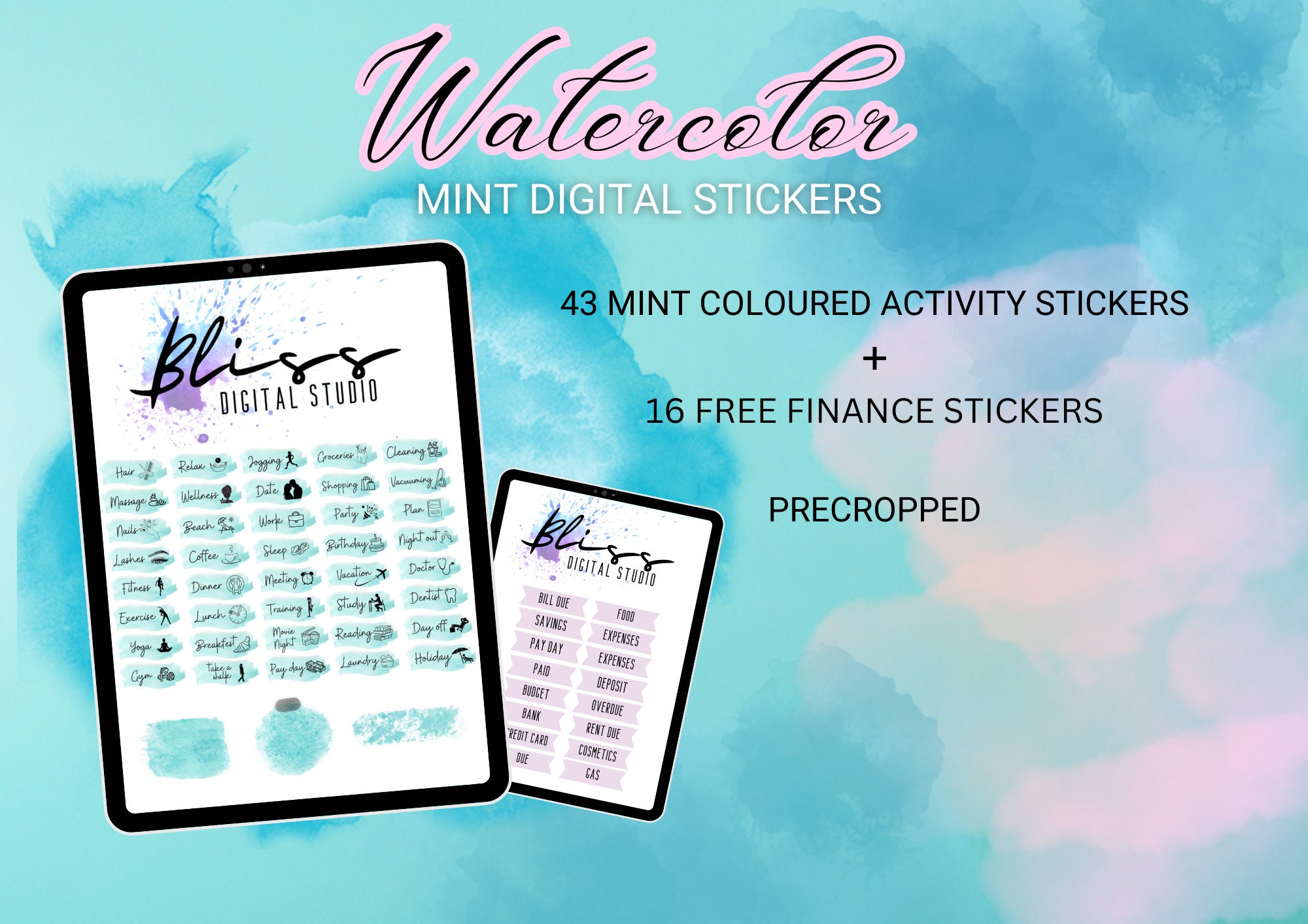 Watercolor Mint Digital Stickers for Every Planner Goodnotes iPad - Etsy