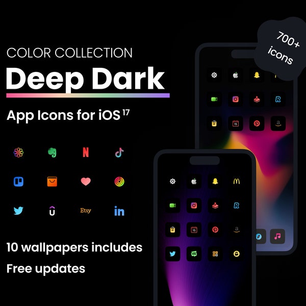 Icon-Paket DeepDark-Verlauf iOS 17 | Über 700 Symbole | 10 ästhetische Hintergrundbilder | Kostenlose Icon-Updates | Kompatibilität mit iOS 14/15/16