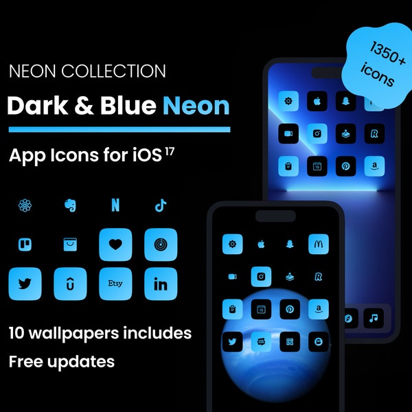 Icon pack Dark Blue Neon iOS 17 | New iPhone 15 PRO | 1350+ icons | 10 aesthetic wallpapers | Free updates | iOS 14/15/16 compatibility
