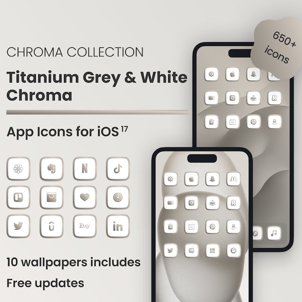Icon pack Titanium Grey/White Chroma iOS 17 | New iPhone 15 PRO | 650+ icons | 10 wallpapers | Free updates | iOS 14/15/16 compatibility