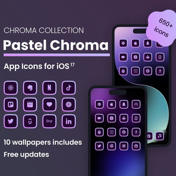 Icon pack Pastel Chroma iOS 17 | Gradient border | 650+ icons | 10 aesthetic wallpapers | Free icon updates | iOS 14/15/16 compatibility