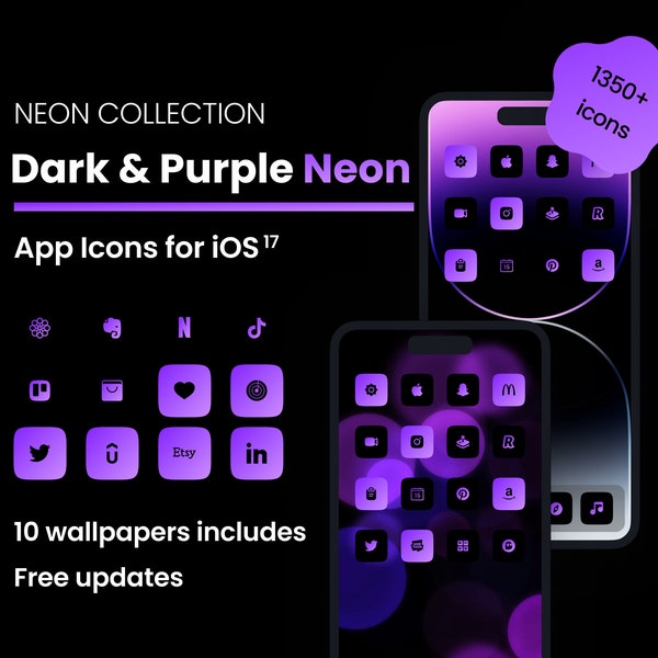 Icon pack Dark Purple Neon iOS 17 | New iPhone 15 PRO | 1350+ icons | 10 aesthetic wallpapers | Free updates | iOS 14/15/16 compatibility
