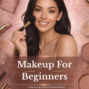 Peut inclure: Une femme souriante applique du maquillage avec un pinceau, entourée de produits cosmétiques. L'image est une couverture de livre avec le titre "Makeup For Beginners" et le texte "A Step-by-Step Guide to Flawless Makeup".