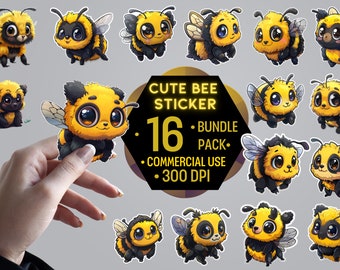 Cartoon Cute Bees Print and Cut Digital PNG Sticker Sheets, 16 Different Designs Fun Bee Sticker Pack Bundle Download Printable