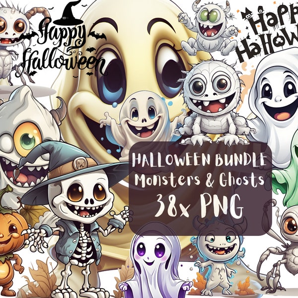 38x HALLOWEEN Ghosts Monsters Spiders Pumpkins Clipart bundle PNG Images, transparent background, 300dpi, printable, Free Commercial Use