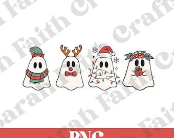 May include: Four white ghosts dressed in festive Christmas attire. The ghosts are wearing a Santa hat, a reindeer headband, a green elf hat with a scarf, and a wreath with a red gift box.