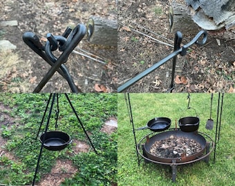 Campfire Irons- CAMPFIRE RACK and TRIPOD (all in one) - Camping Cook set up - Used as Rack or Tripod - Hand Forged (with optional swingarms)